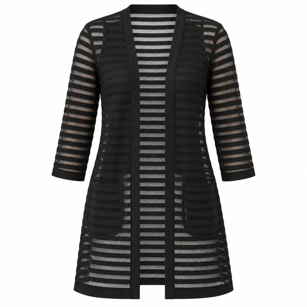 LOVIE Black Sheer Striped Longline Topper Jacket Medium Open Front Contemporary